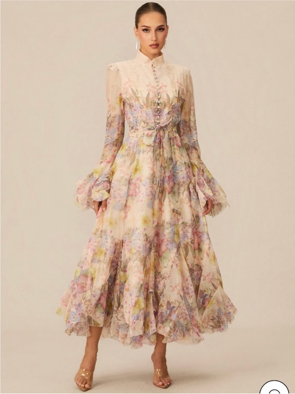 Floral Ruffle Midi Dress in Pastel Pink floral design